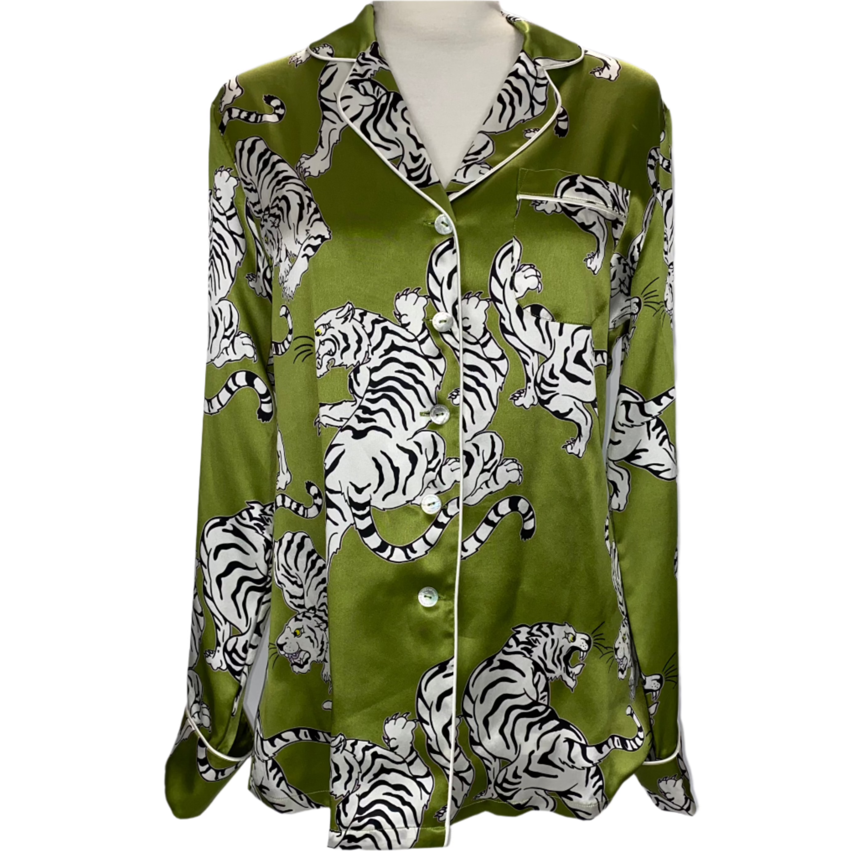 Olivia Von Halle £620 Green Tiger Print Silk Lila Pyjama Set S