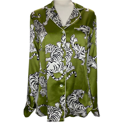 Olivia Von Halle £620 Green Tiger Print Silk Lila Pyjama Set M