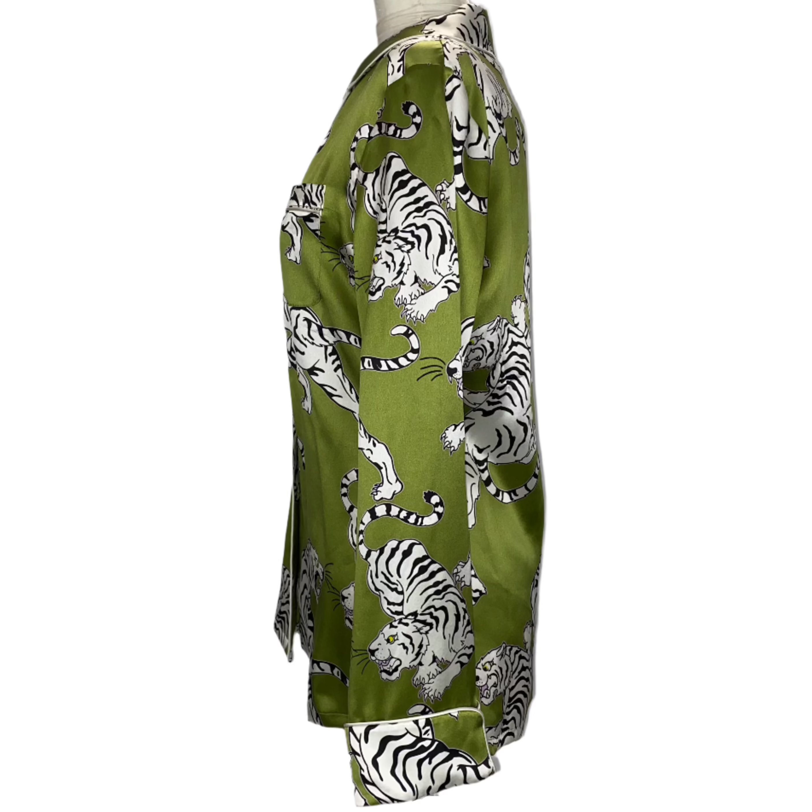 Olivia Von Halle £620 Green Tiger Print Silk Lila Pyjama Set S