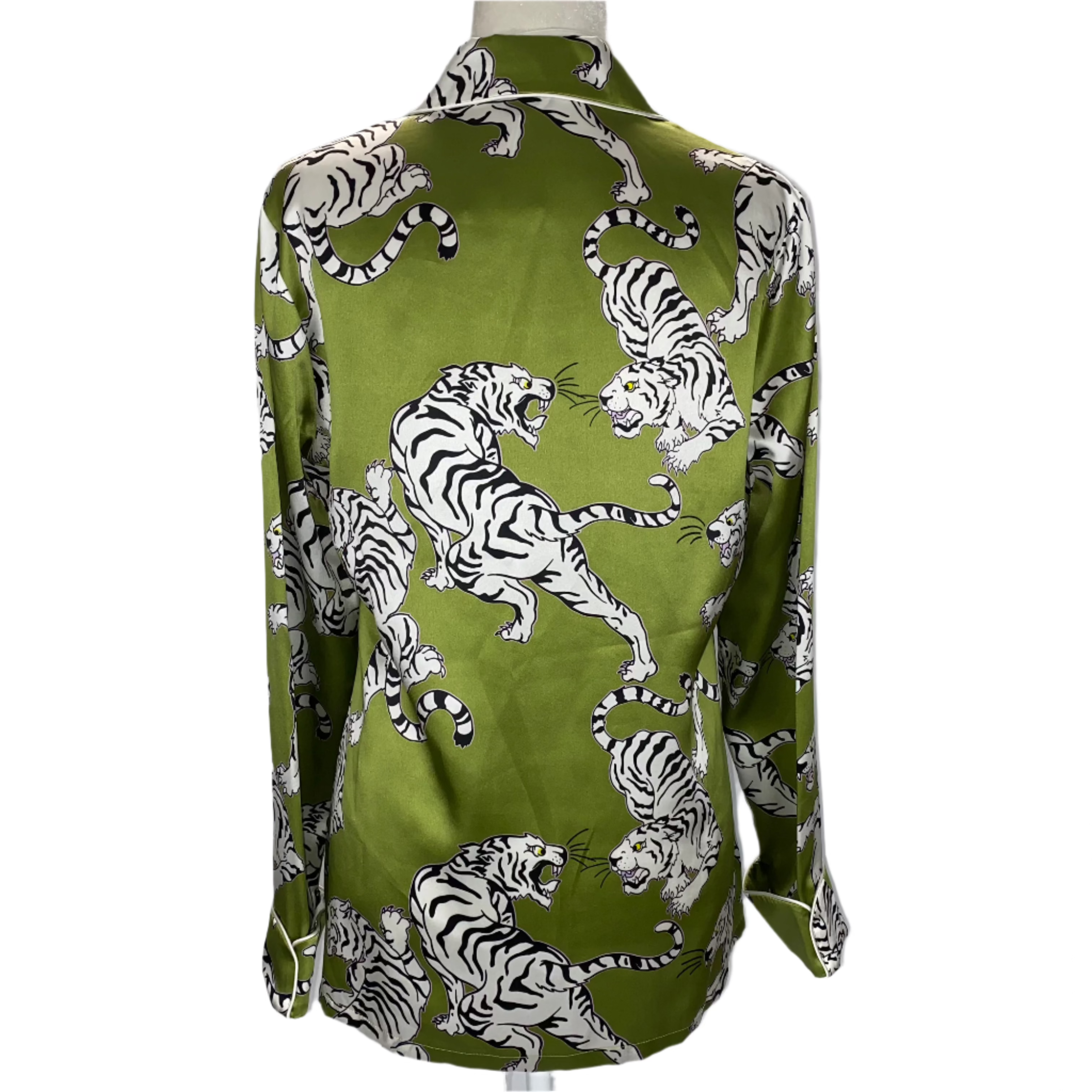 Olivia Von Halle £620 Green Tiger Print Silk Lila Pyjama Set S