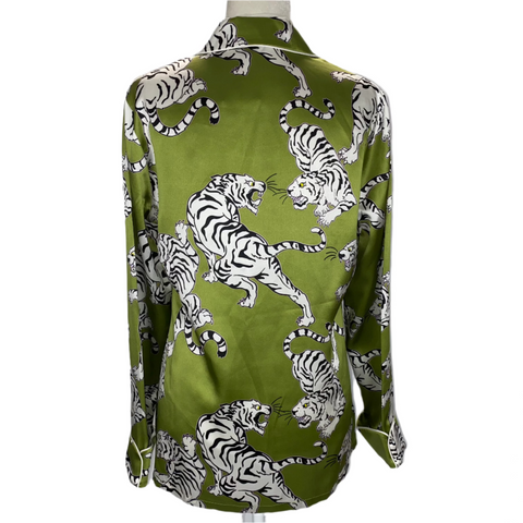 Olivia Von Halle £620 Green Tiger Print Silk Lila Pyjama Set M