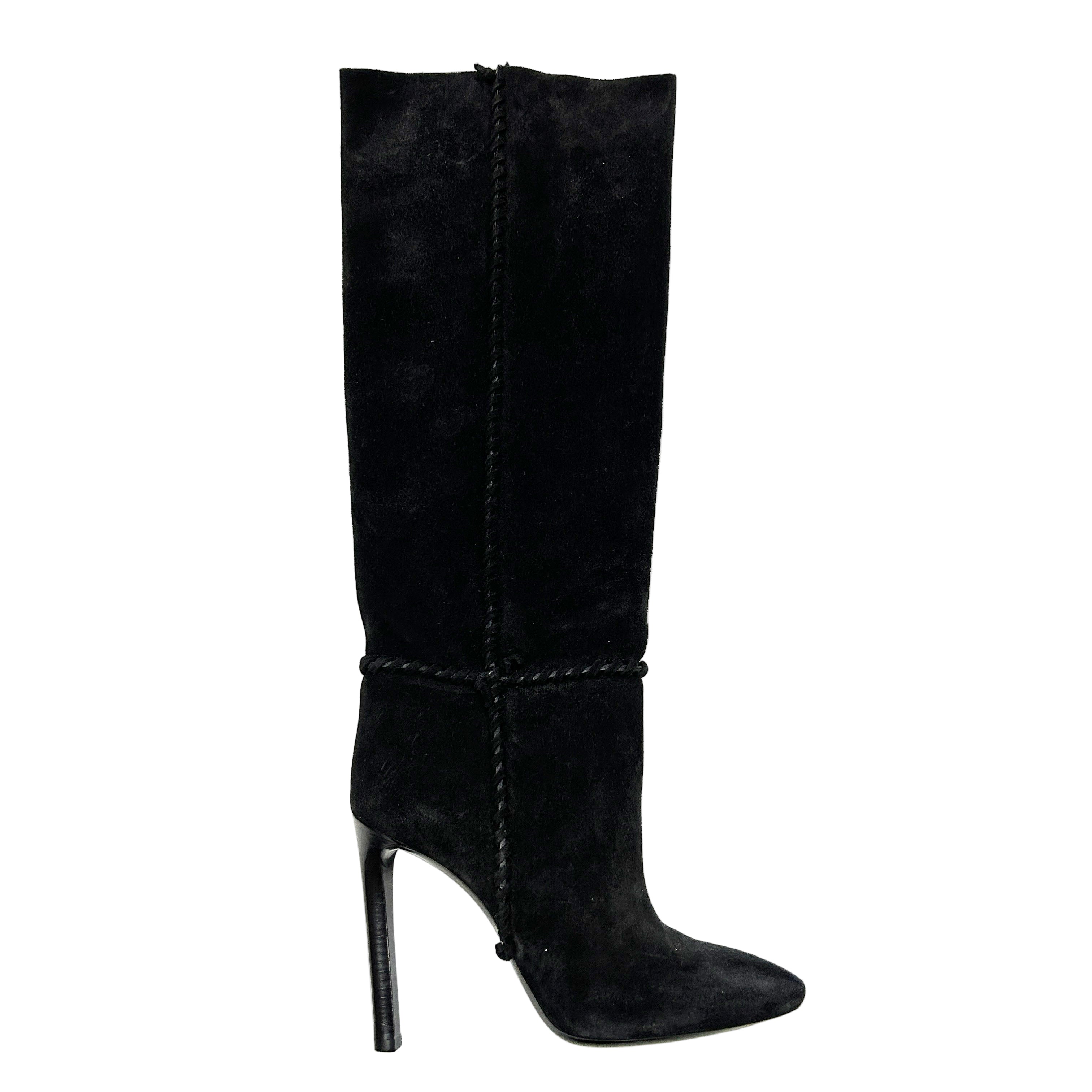 Saint Laurent £1200 Black Suede Whipstitched Knee Boots 38
