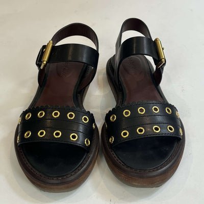 See By Chloe £395 Black Leather Eyelet Flat Sandals 37