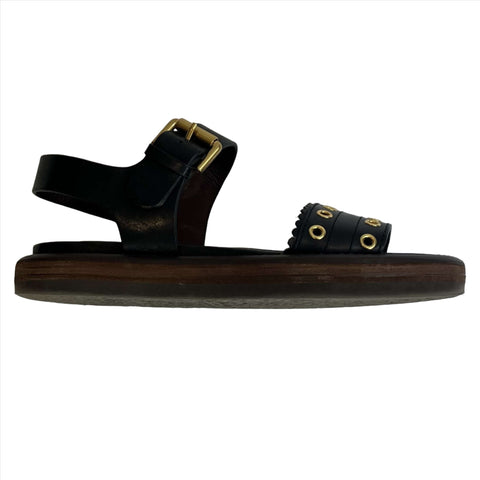 See By Chloe £395 Black Leather Eyelet Flat Sandals 37