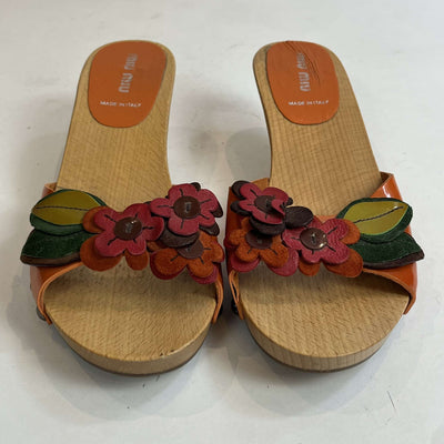 Miu Miu Orange Floral Wooden Heel Mules 37