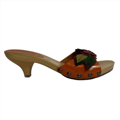 Miu Miu Orange Floral Wooden Heel Mules 37