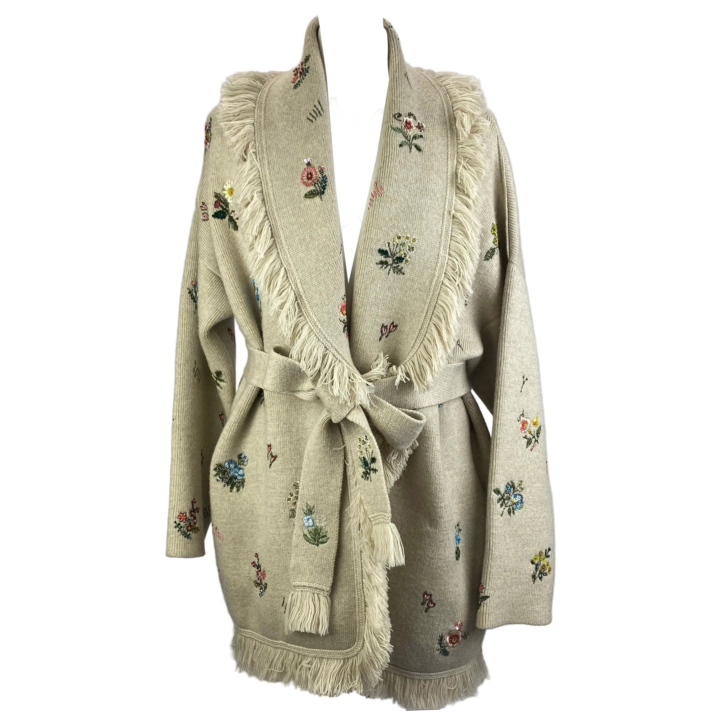 Alanui New £1925 Cream Floral Embellished Wool Cardigan XS