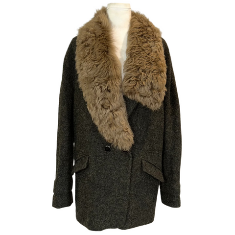 Vanessa Bruno Charcoal Wool & Shearling Collar Long Jacket S