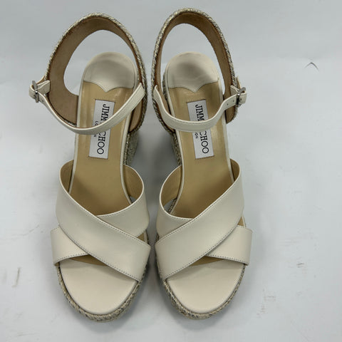 Jimmy Choo Ivory & Gold Espadrille Wedge Sandals 38