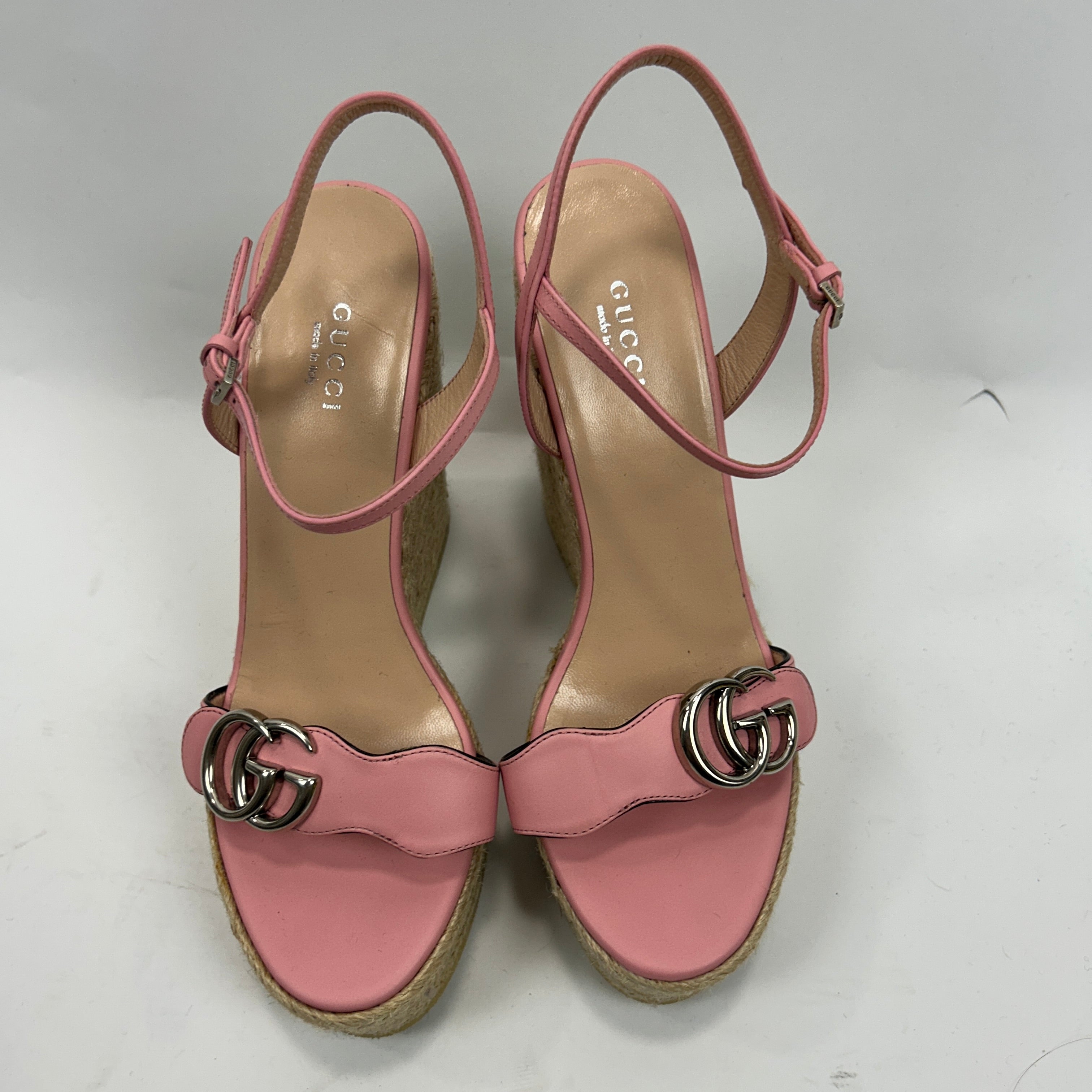 Gucci Baby Pink GG Espadrille Wedge Sandals 38