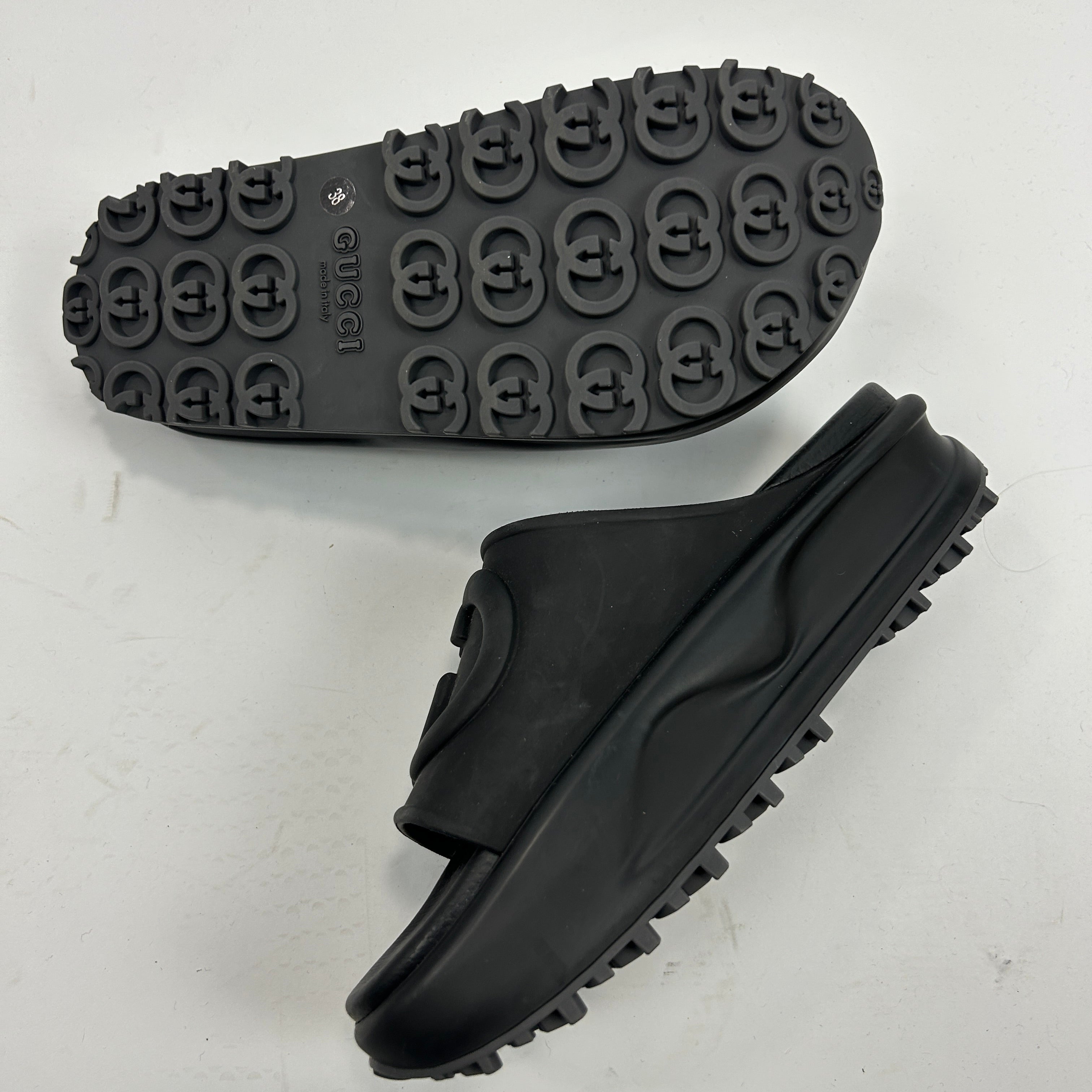 Gucci New Black Rubber GG Slides 38