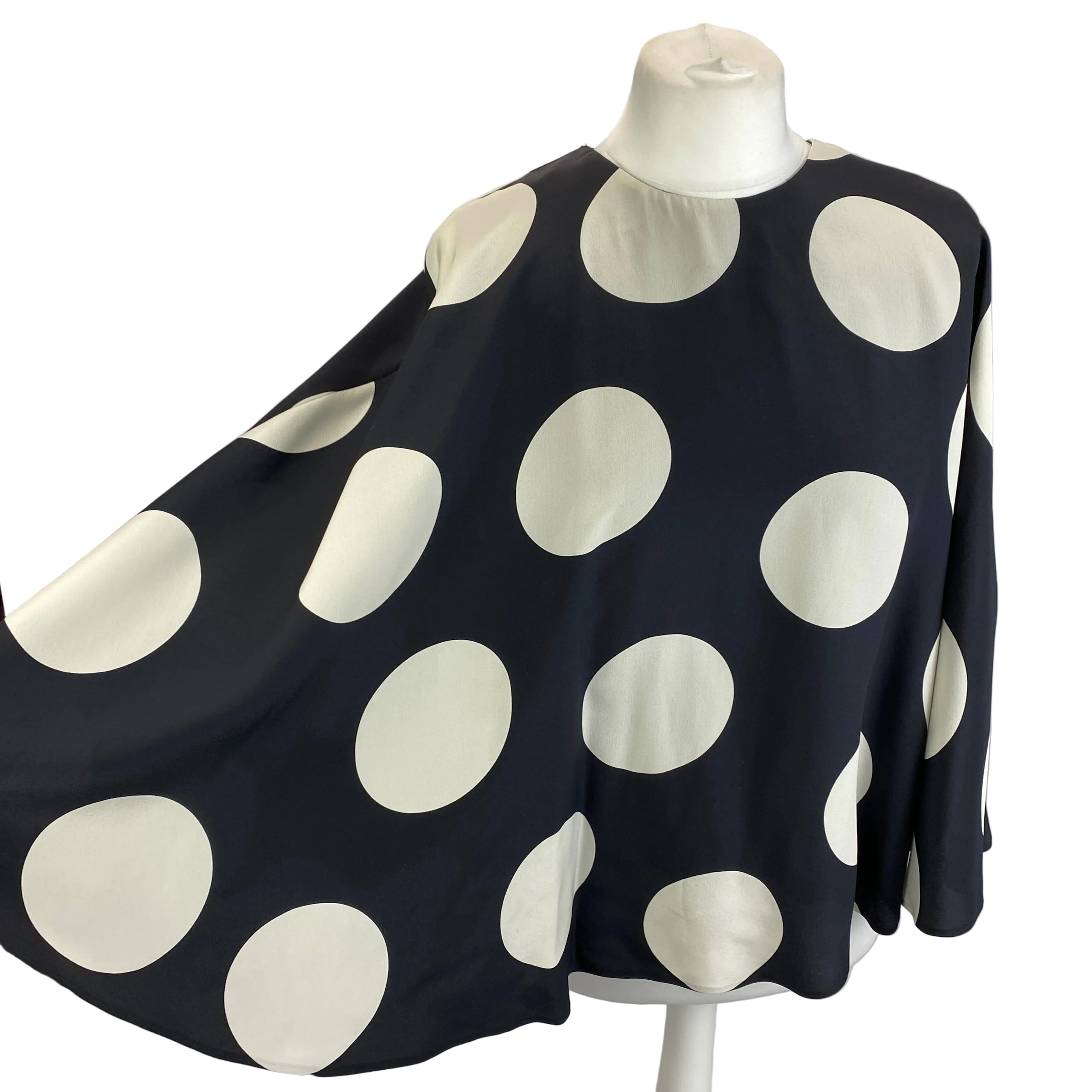 Valentino £1200 Black & Ivory Polka Dot Silk Cape Blouse L