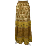 Spell £200 Chartreuse & Cocoa Peacock Print Maxi Skirt M