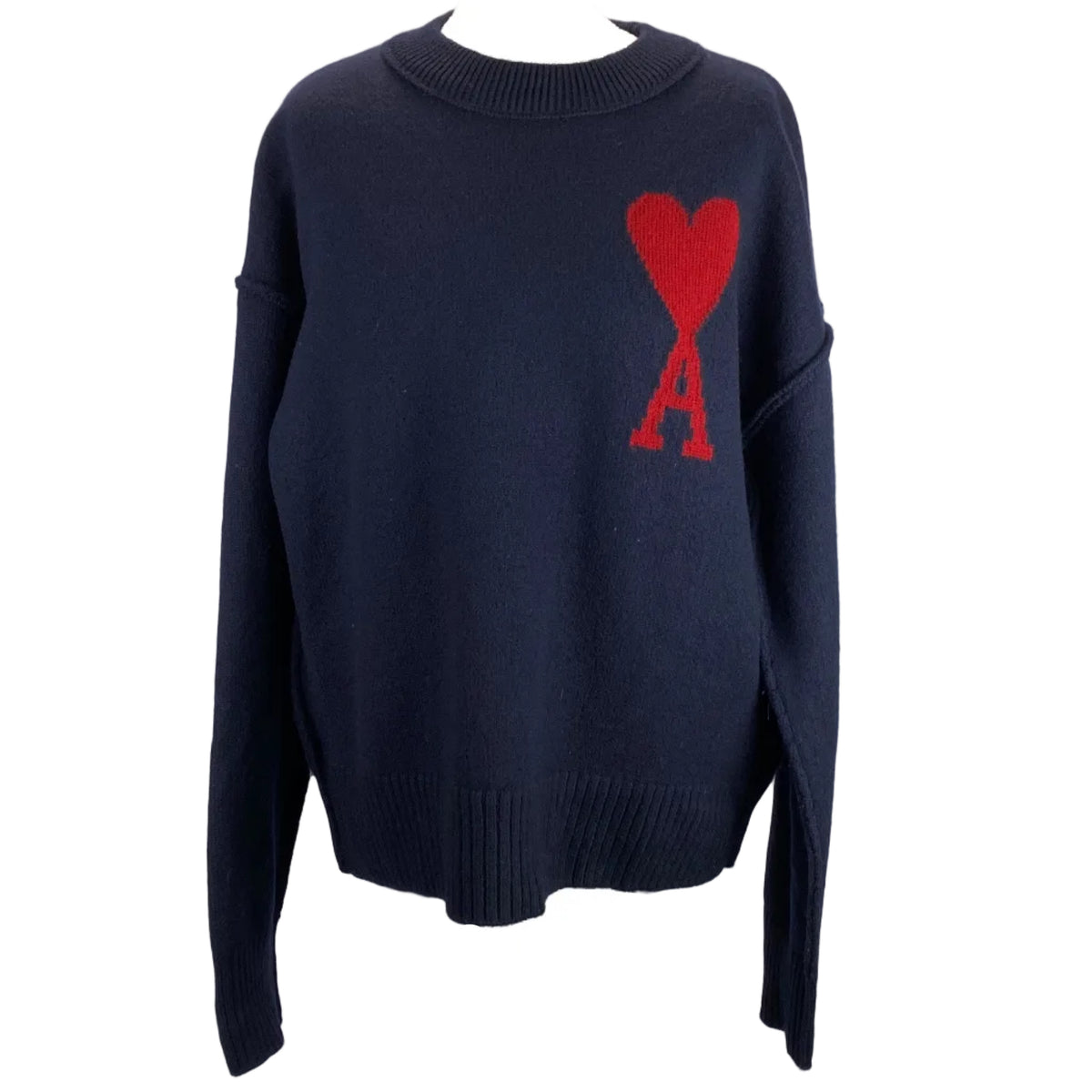 Ami Paris £375 Navy Thick Wool Ace of Hearts Sweater M