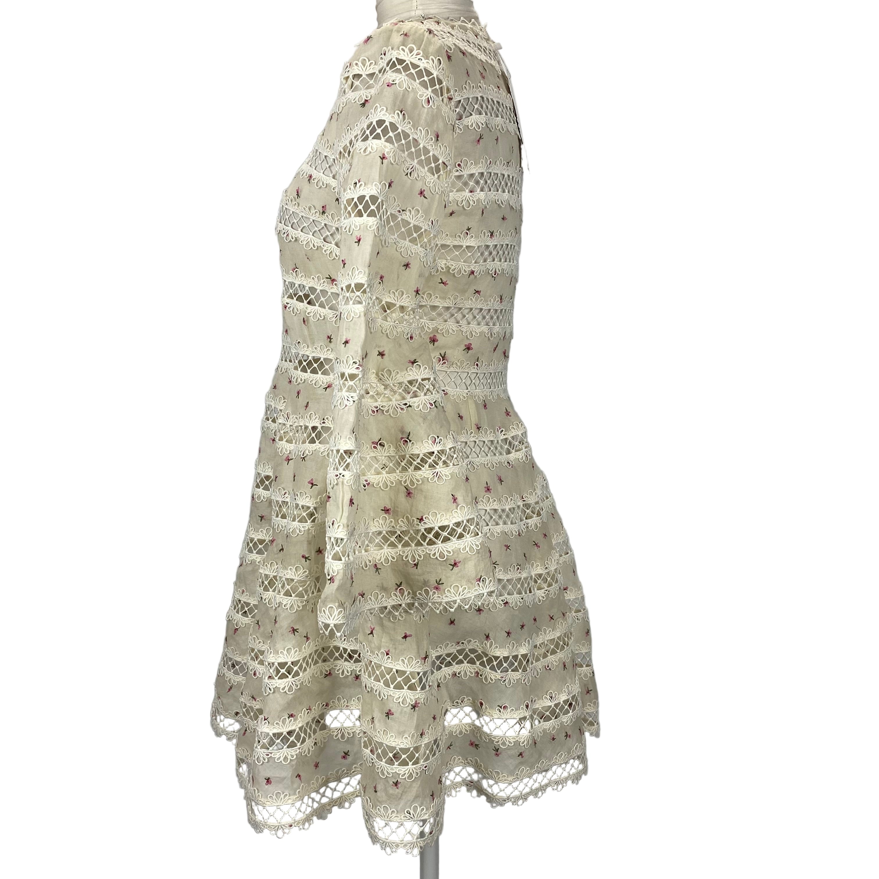 Zimmermann £1800 Ivory Embroidered Cotton Organza Mini Dress S