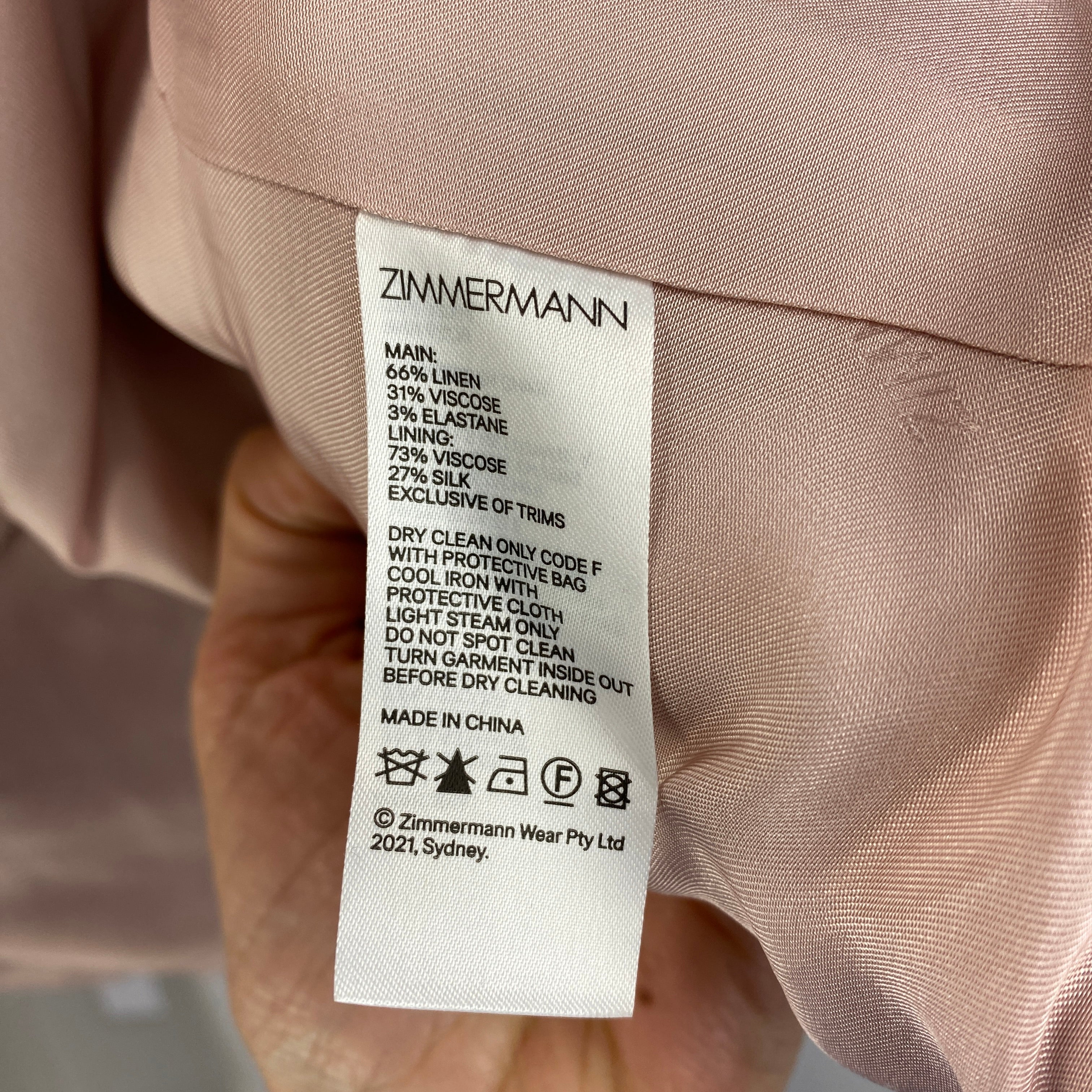 Zimmermann £1150 Nude Pink Topstitched Linen Jacket S