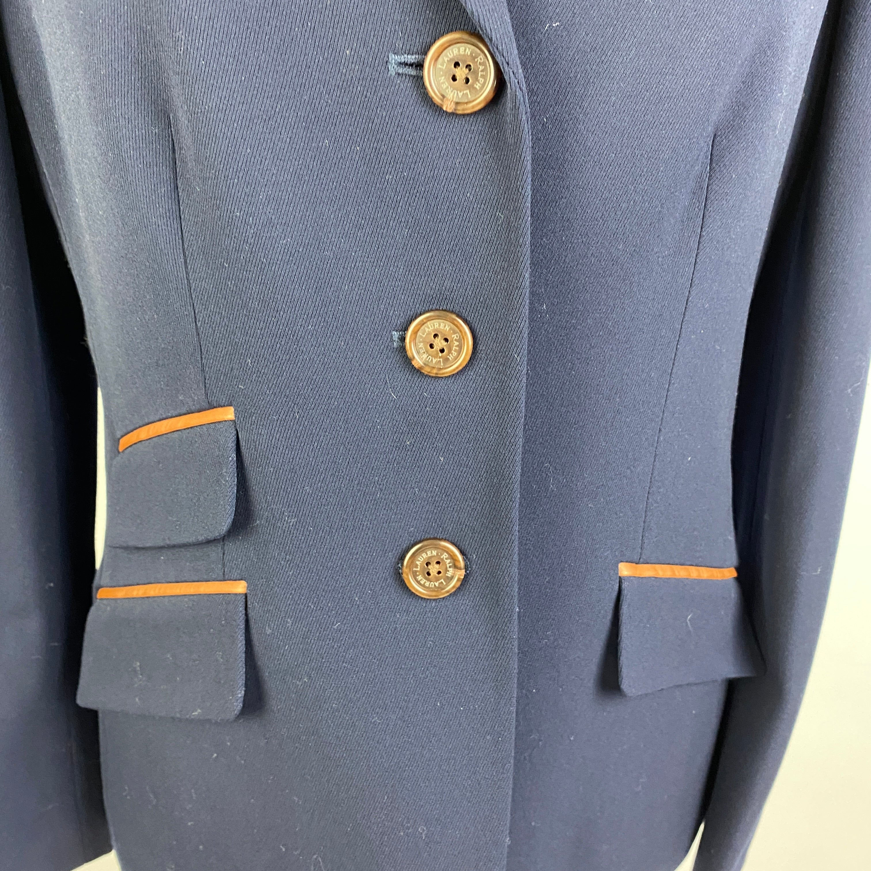 Ralph  Lauren Navy Wool Blazer with Leather Trim L