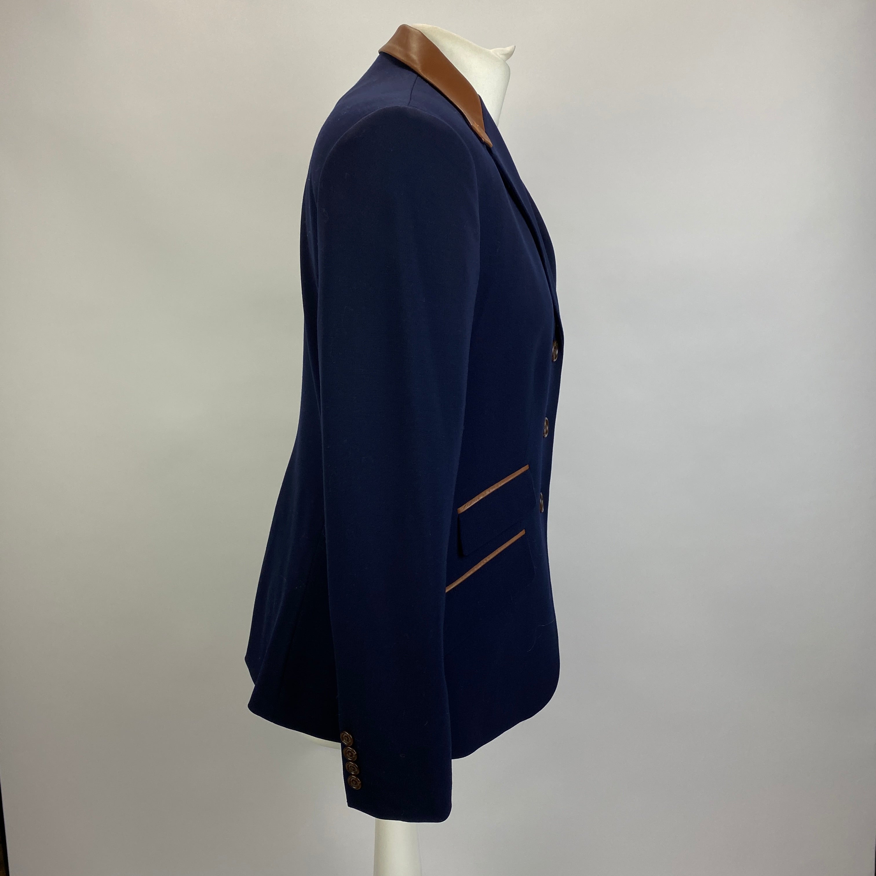 Ralph  Lauren Navy Wool Blazer with Leather Trim L