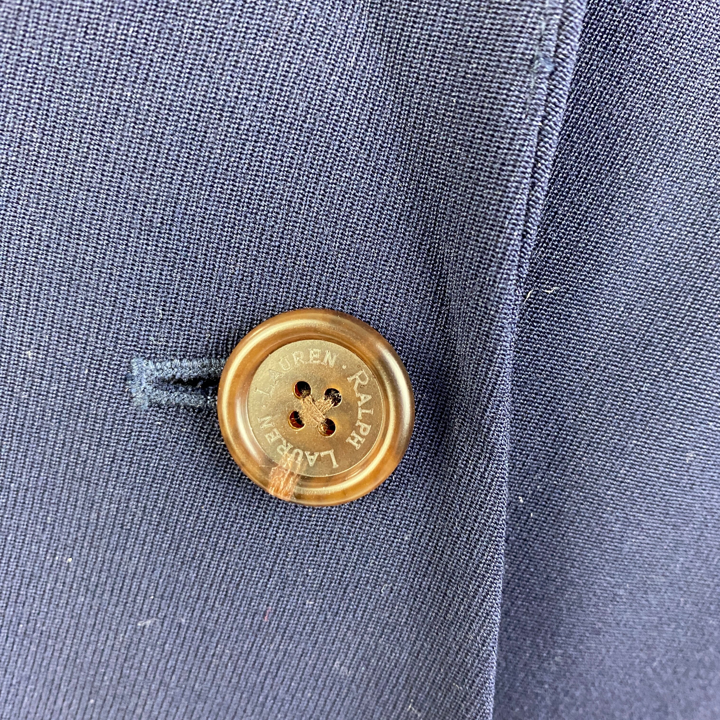 Ralph  Lauren Navy Wool Blazer with Leather Trim L