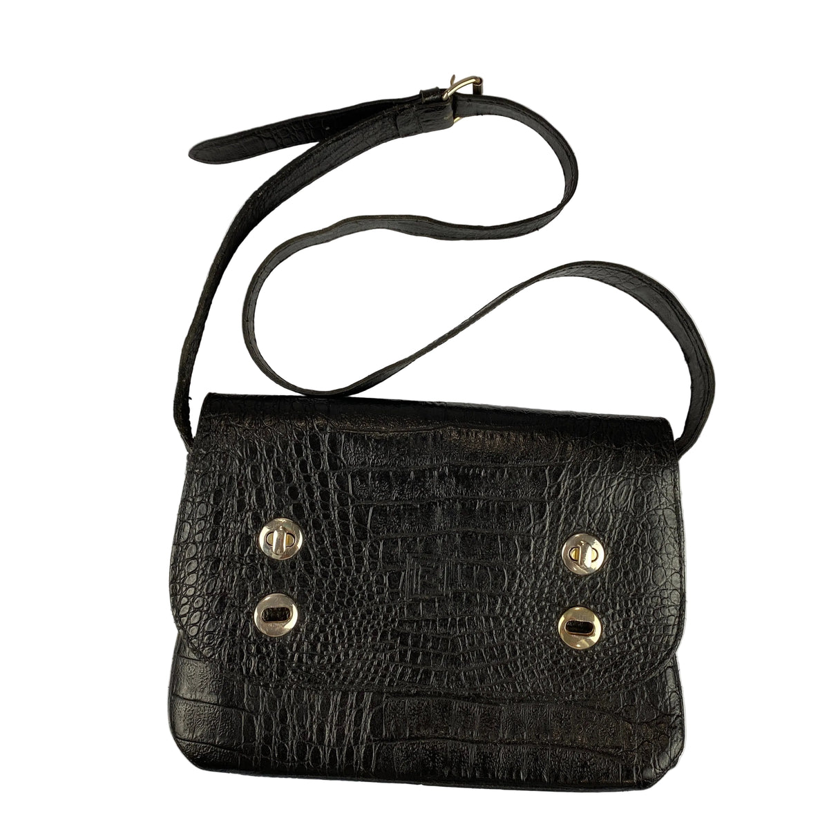 Fendi Vintage Black Embossed Croc Crossbody Bag
