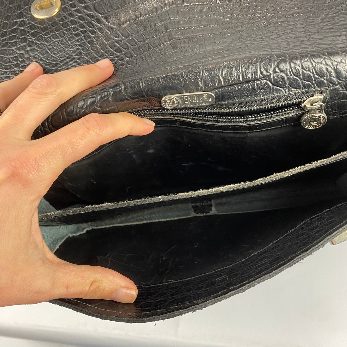 Fendi Vintage Black Embossed Croc Crossbody Bag