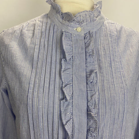 Vanessa Bruno Blue & White Stripe Fine Cotton Ruffle Shirt L