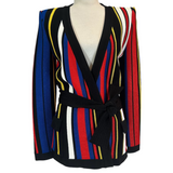 Balmain New £1450 Stripe Heavy Knit Viscose Belted Jacket S