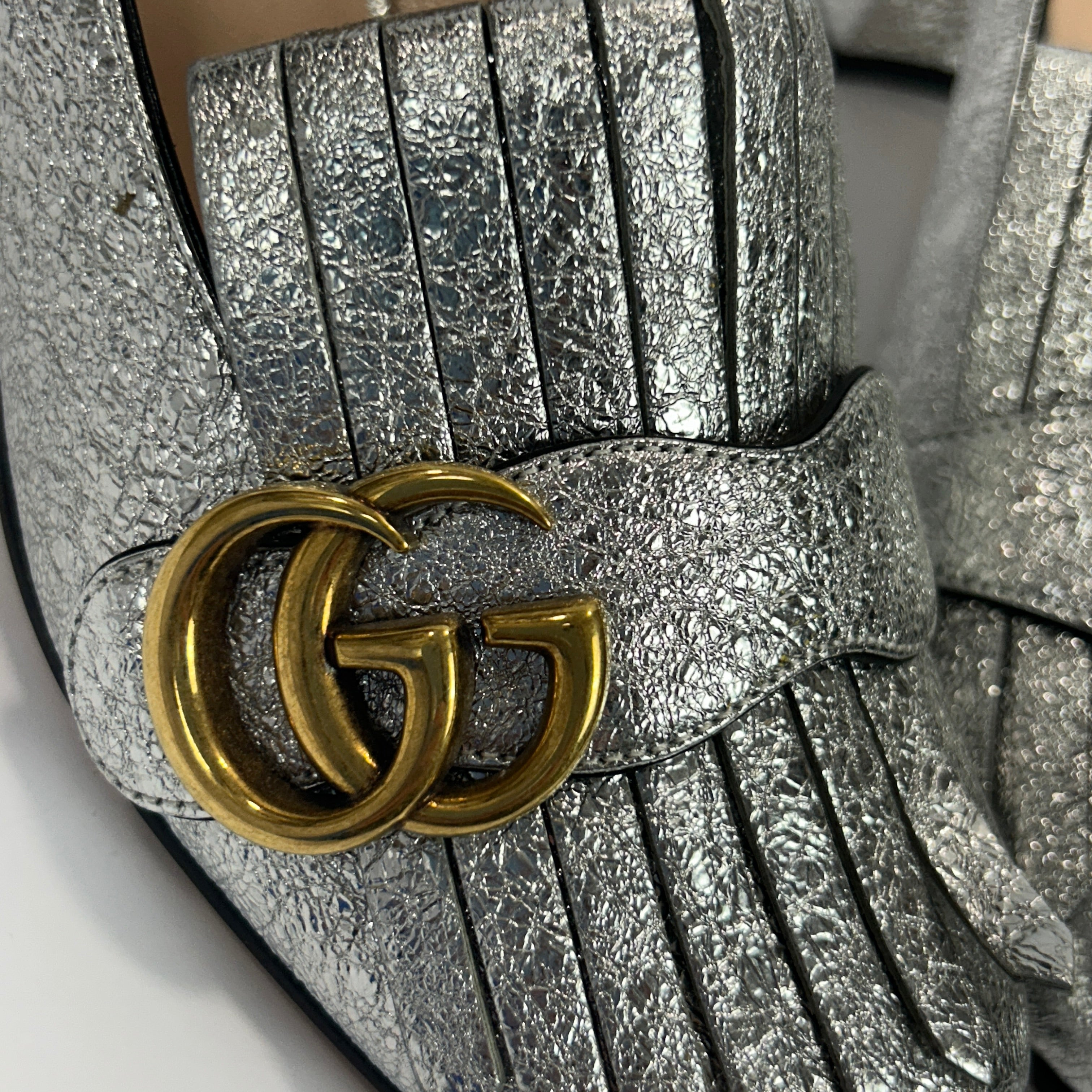 Gucci Silver Leather GG Marmont Fringe Pumps 37