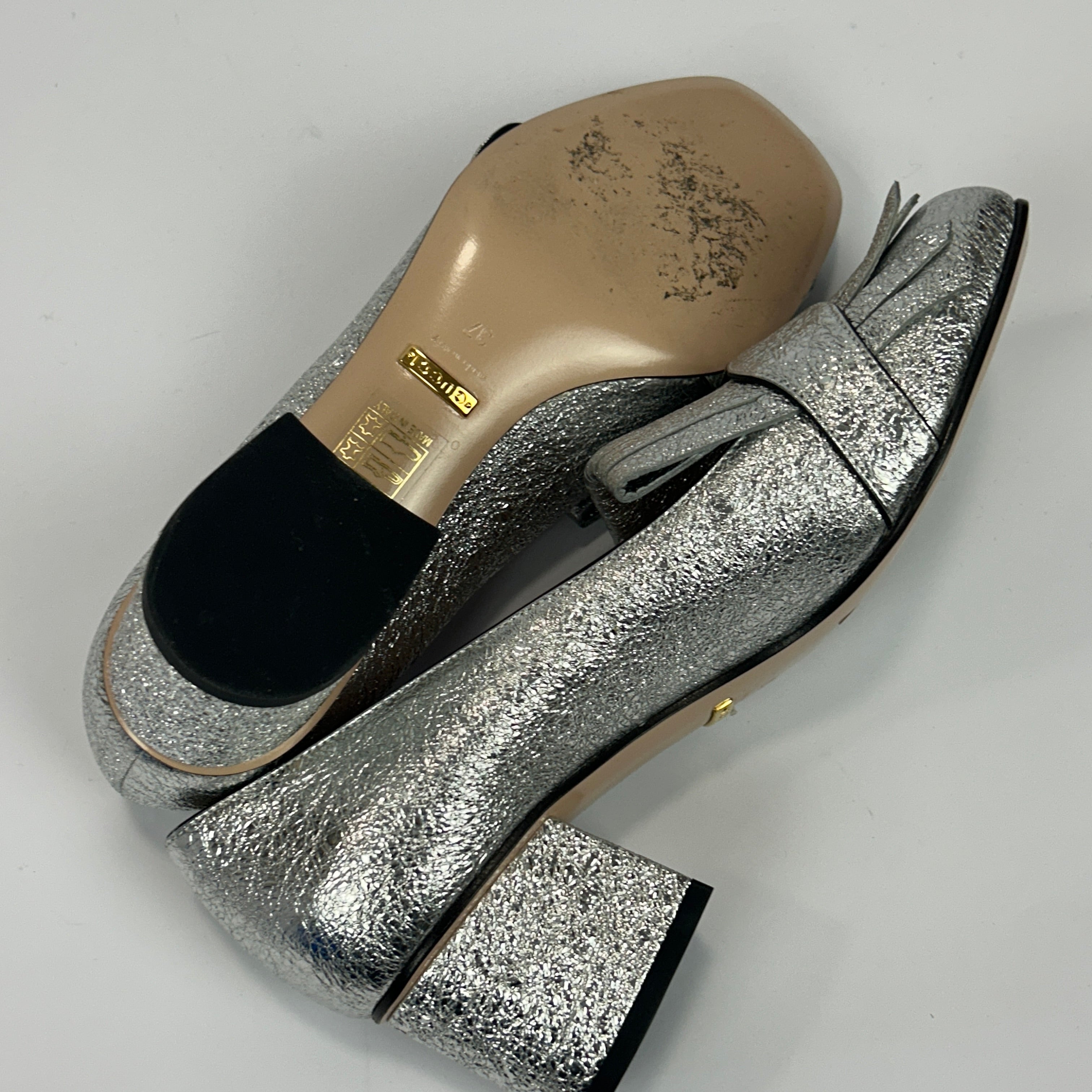 Gucci Silver Leather GG Marmont Fringe Pumps 37