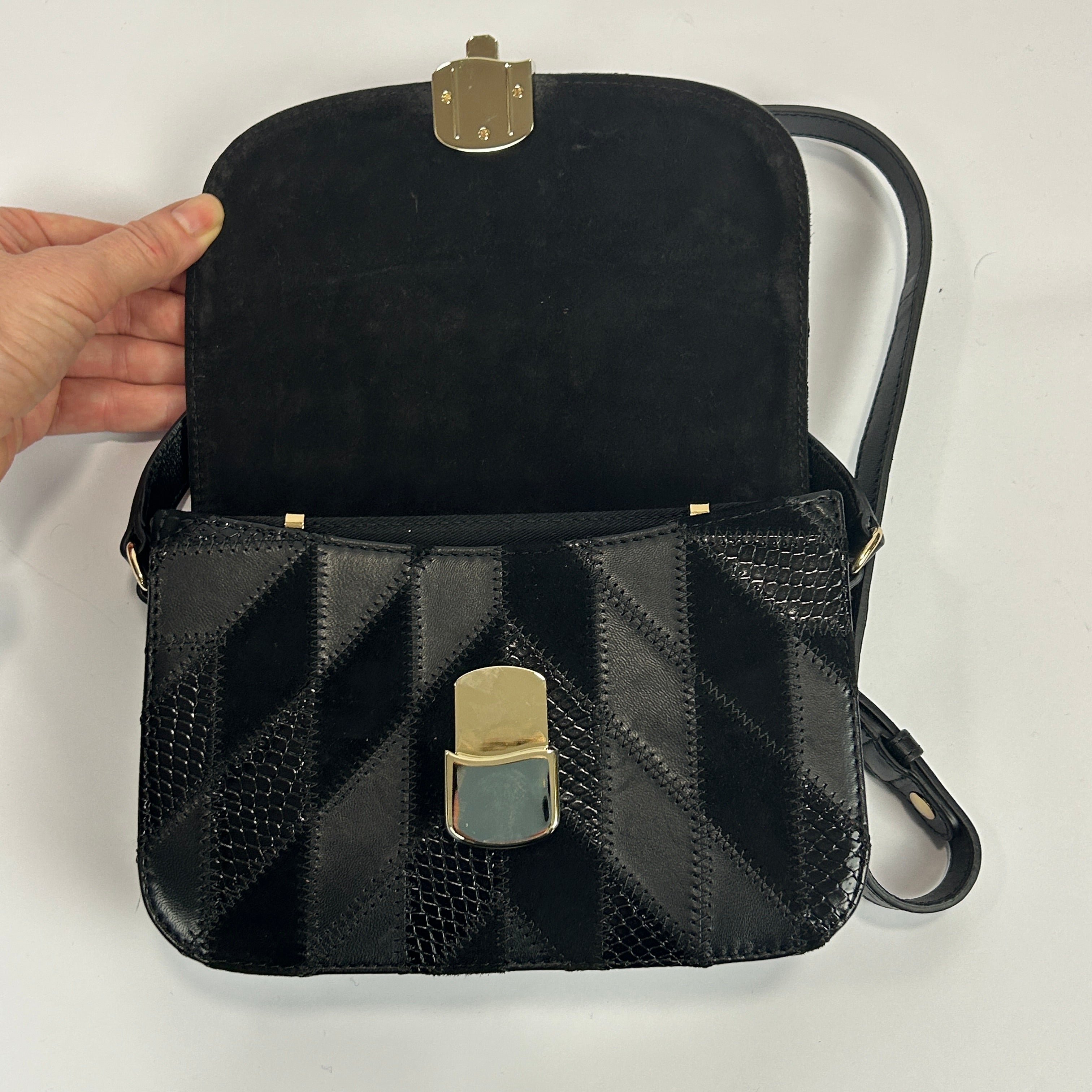 Sezane £355 Black Calfhair & Leather Patchwork Bag