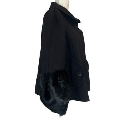 Anya Hindmarch Black Wool Princess Jacket with Fur Cuffs L