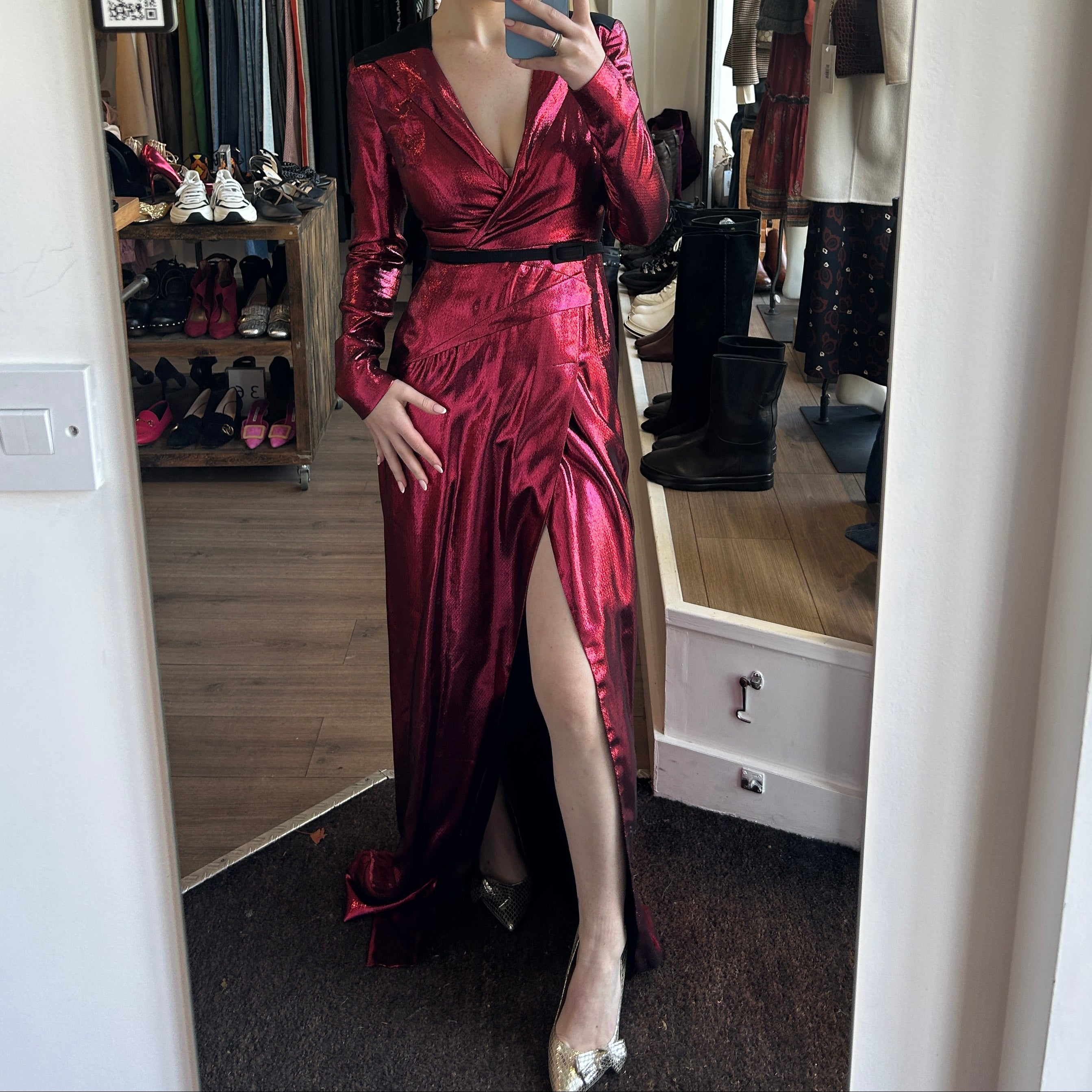 Roland Mouret Ruby Red Lame Jacquard Gown XS