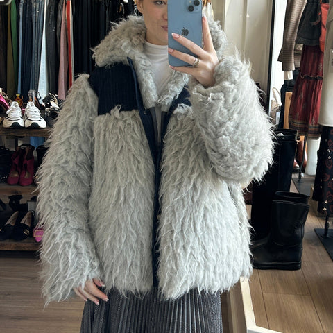 Gunda Hafner Grey Shaggy Wool & Blue Pinstripe Jacket M/L