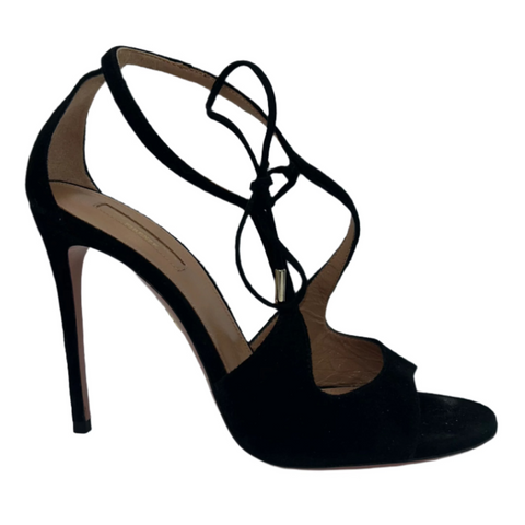 Aquazzura Black Suede Lace-Up Sandal Heels 38