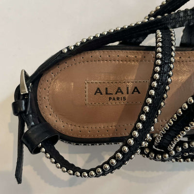 Alaia Black Leather Silver Beaded Gladiator Sandals 40