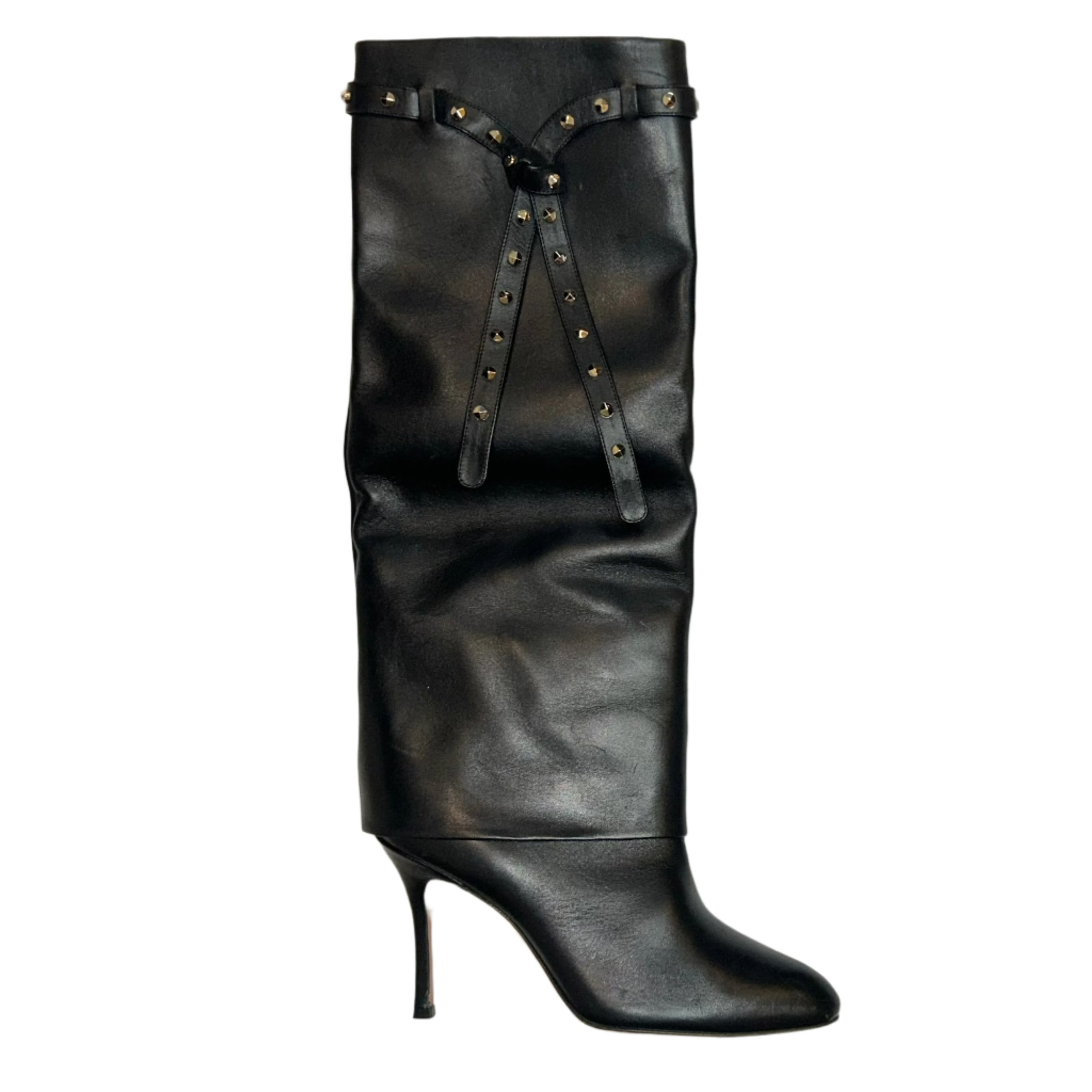 Valentino Black Leather Stud Strap Knee Boots 38