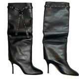 Valentino Black Leather Stud Strap Knee Boots 38