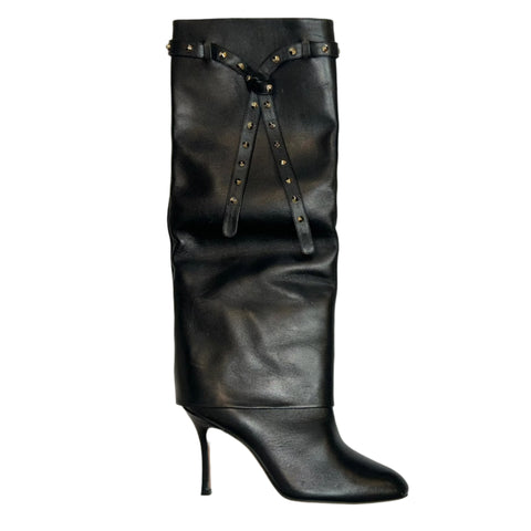Valentino Black Leather Stud Strap Knee Boots 38