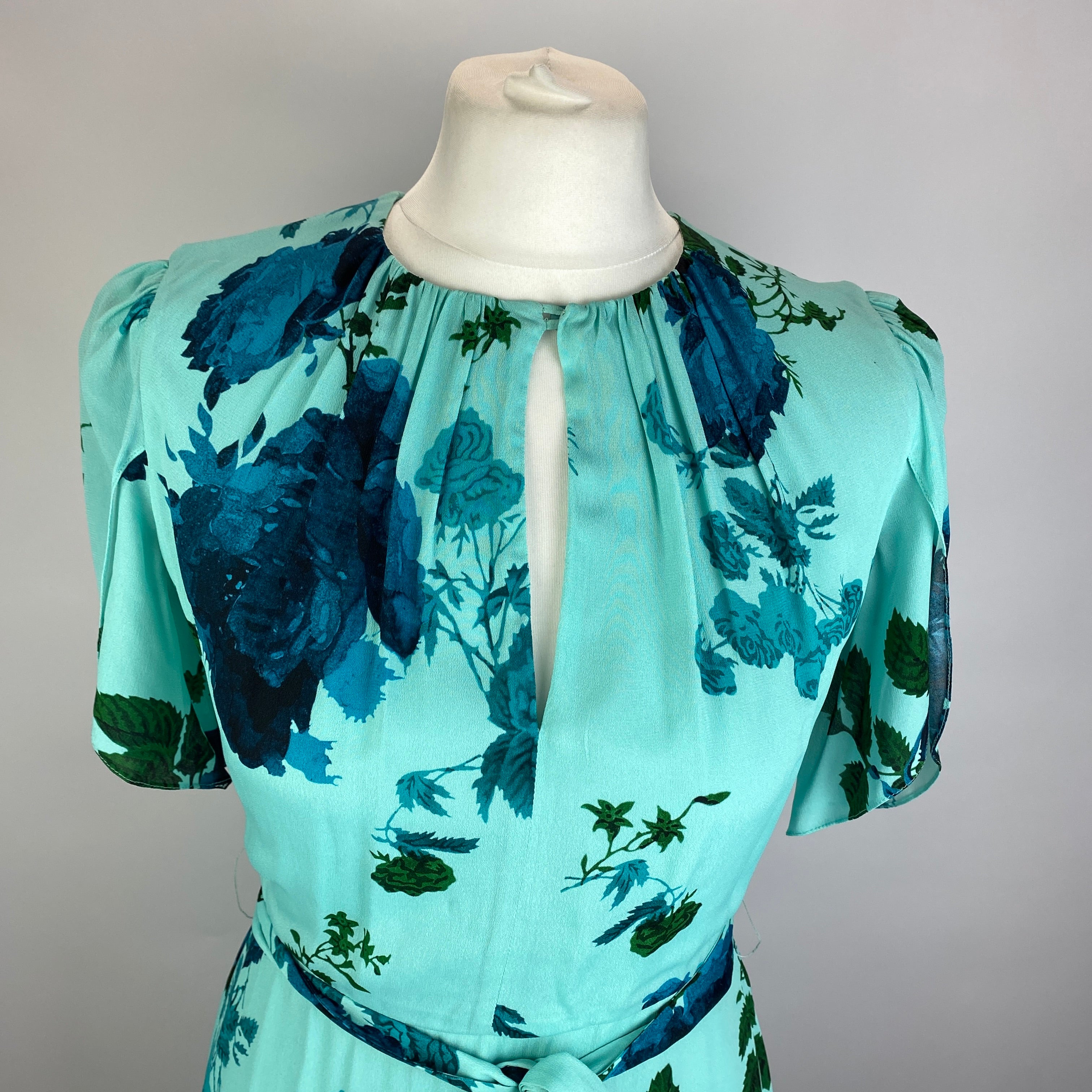 Erdem New £2395 Aqua Rose Print Silk Chiffon Flared Dress XXS