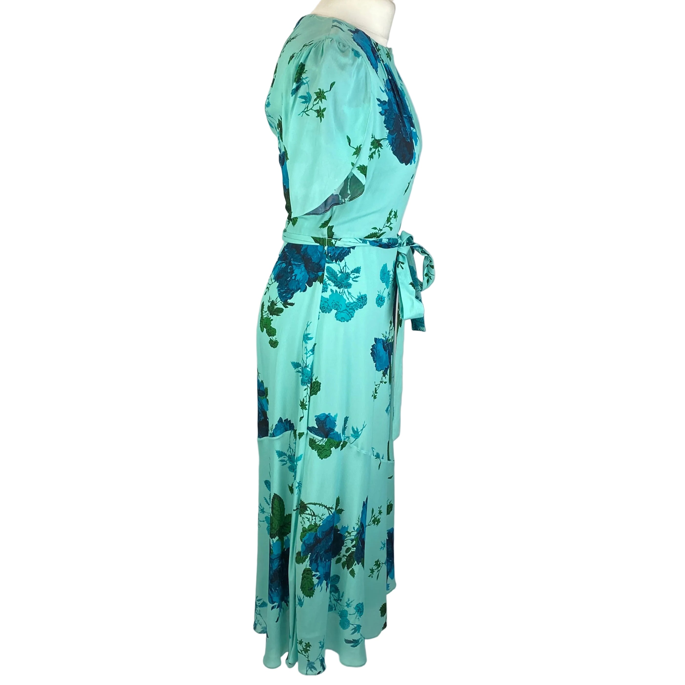 Erdem New £2395 Aqua Rose Print Silk Chiffon Flared Dress XXS