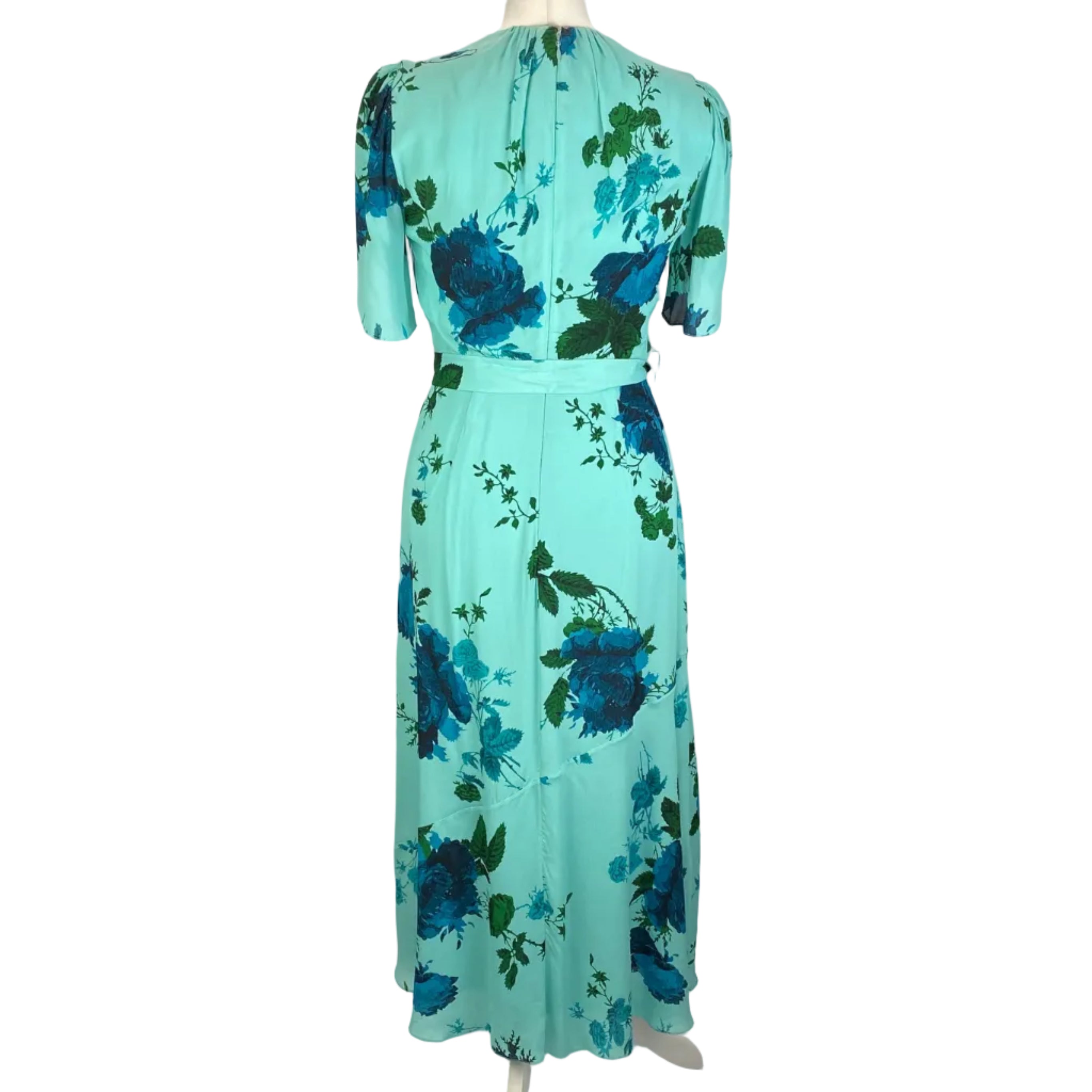 Erdem New £2395 Aqua Rose Print Silk Chiffon Flared Dress XXS