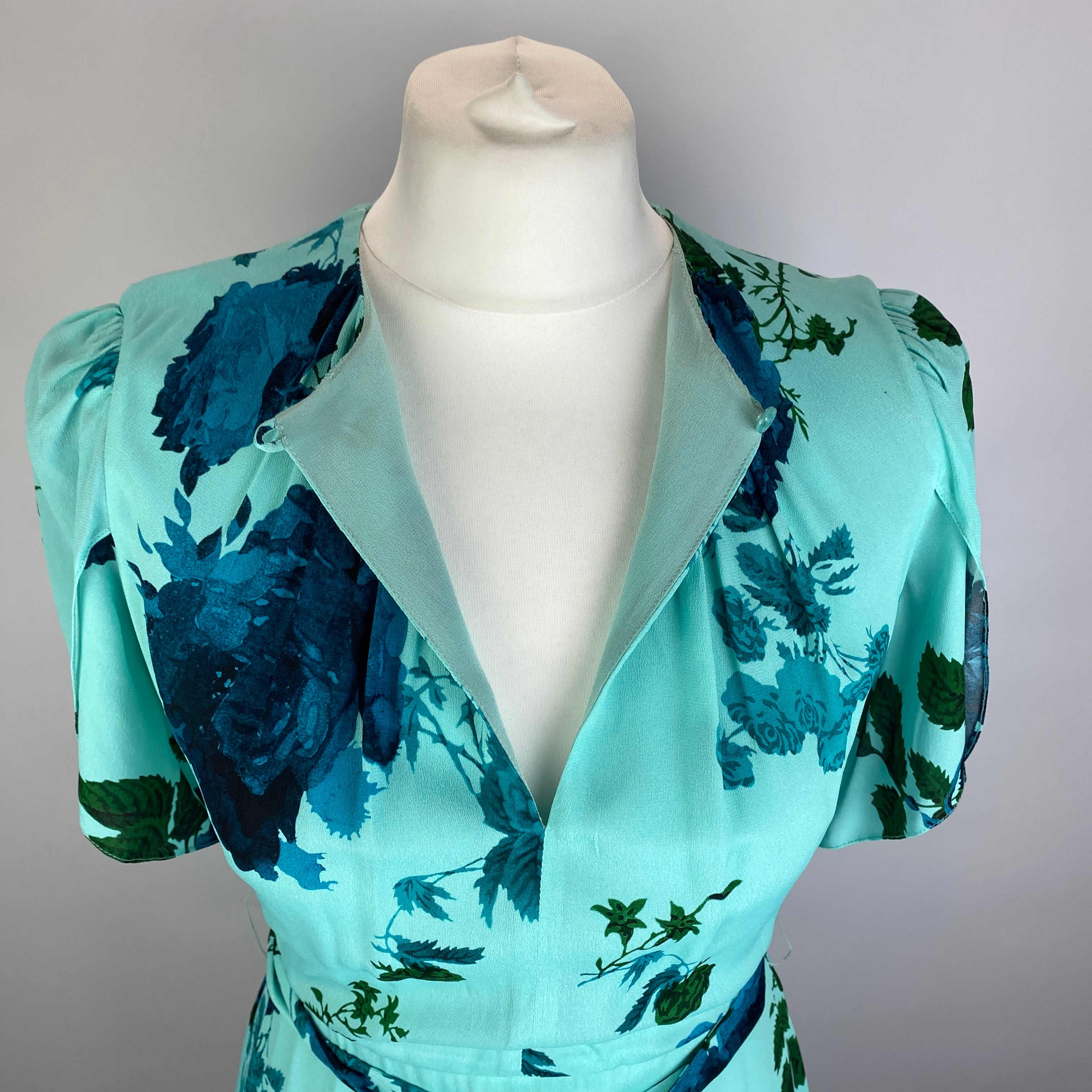 Erdem New £2395 Aqua Rose Print Silk Chiffon Flared Dress XXS