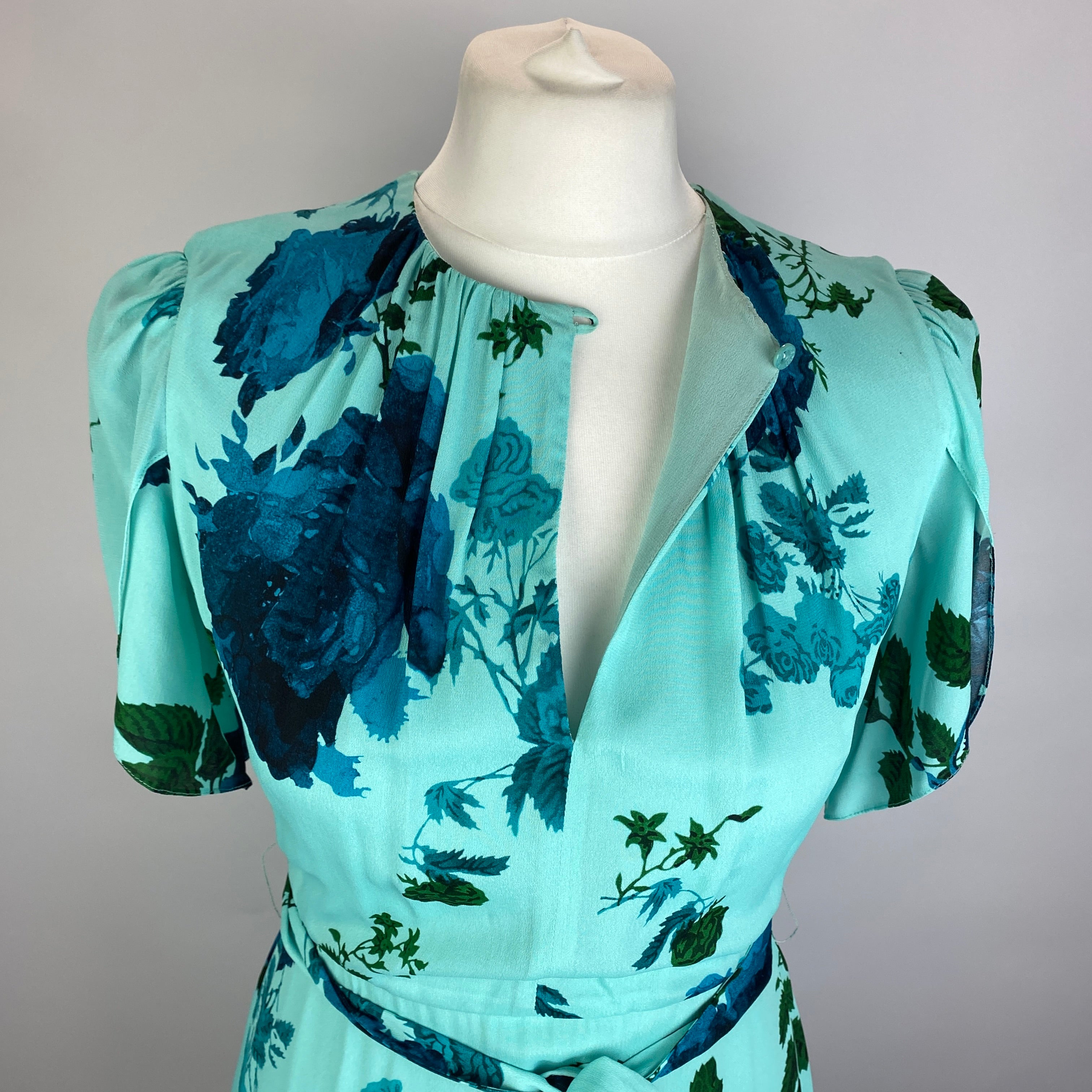 Erdem New £2395 Aqua Rose Print Silk Chiffon Flared Dress XXS
