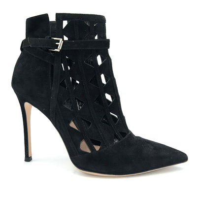 Gianvito Rossi Black Suede Lasercut Bootie Heels 37.5