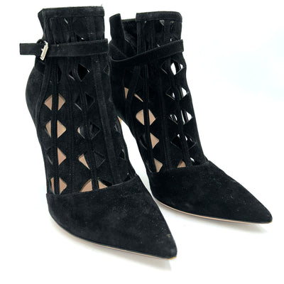 Gianvito Rossi Black Suede Lasercut Bootie Heels 37.5