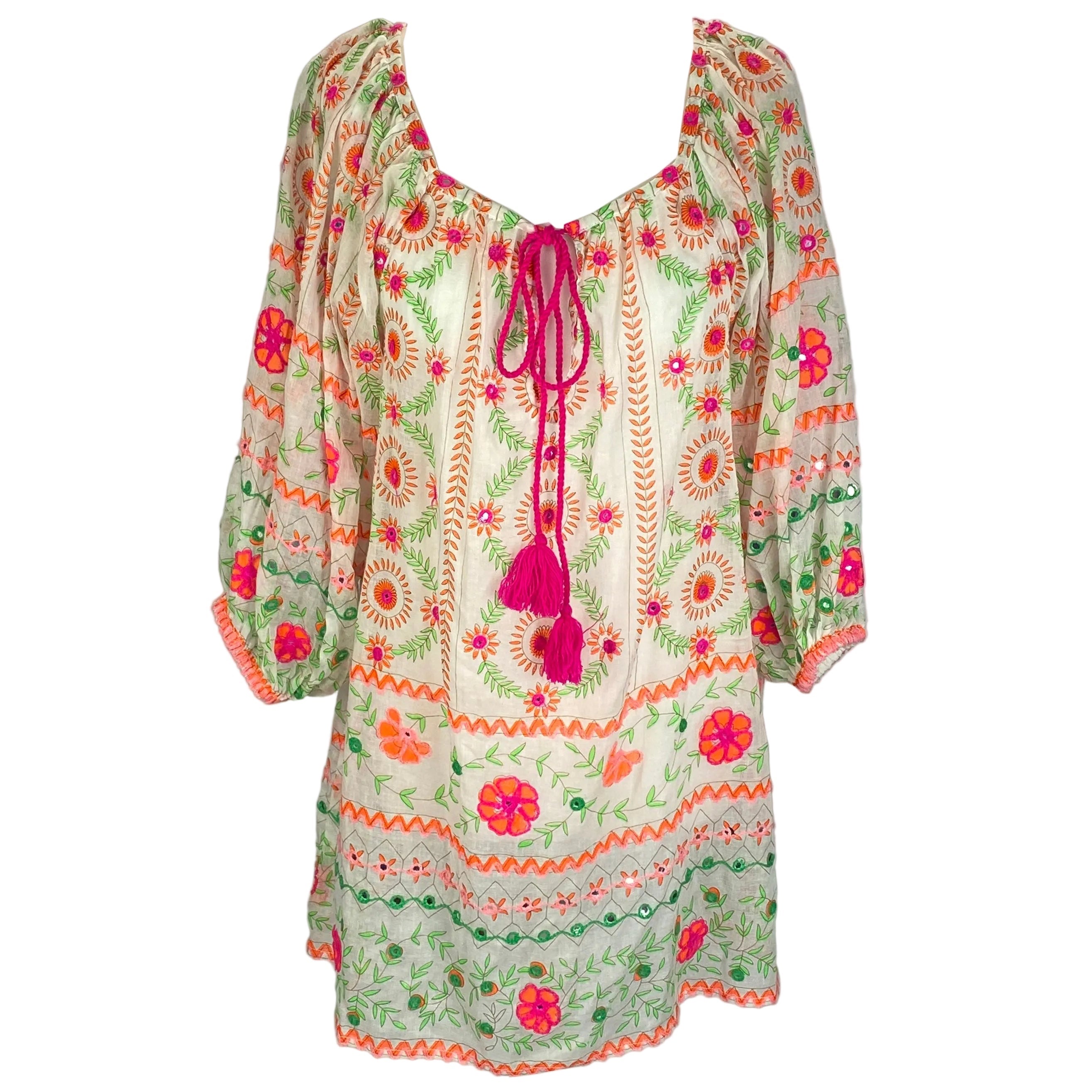 Juliet Dunn Ivory & Fluro Embroided Gauze Tunic XS/S/M