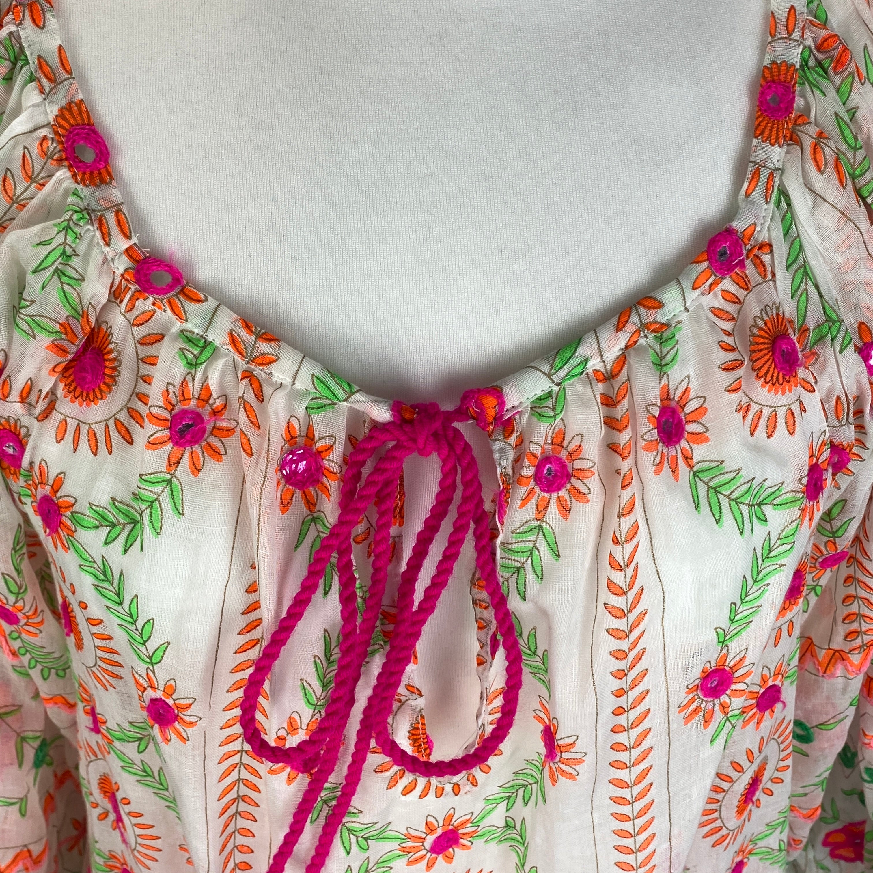 Juliet Dunn Ivory & Fluro Embroided Gauze Tunic XS/S/M