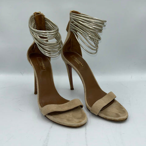 Aquazurra Beige Suede & Gold Leather Heels 37.5