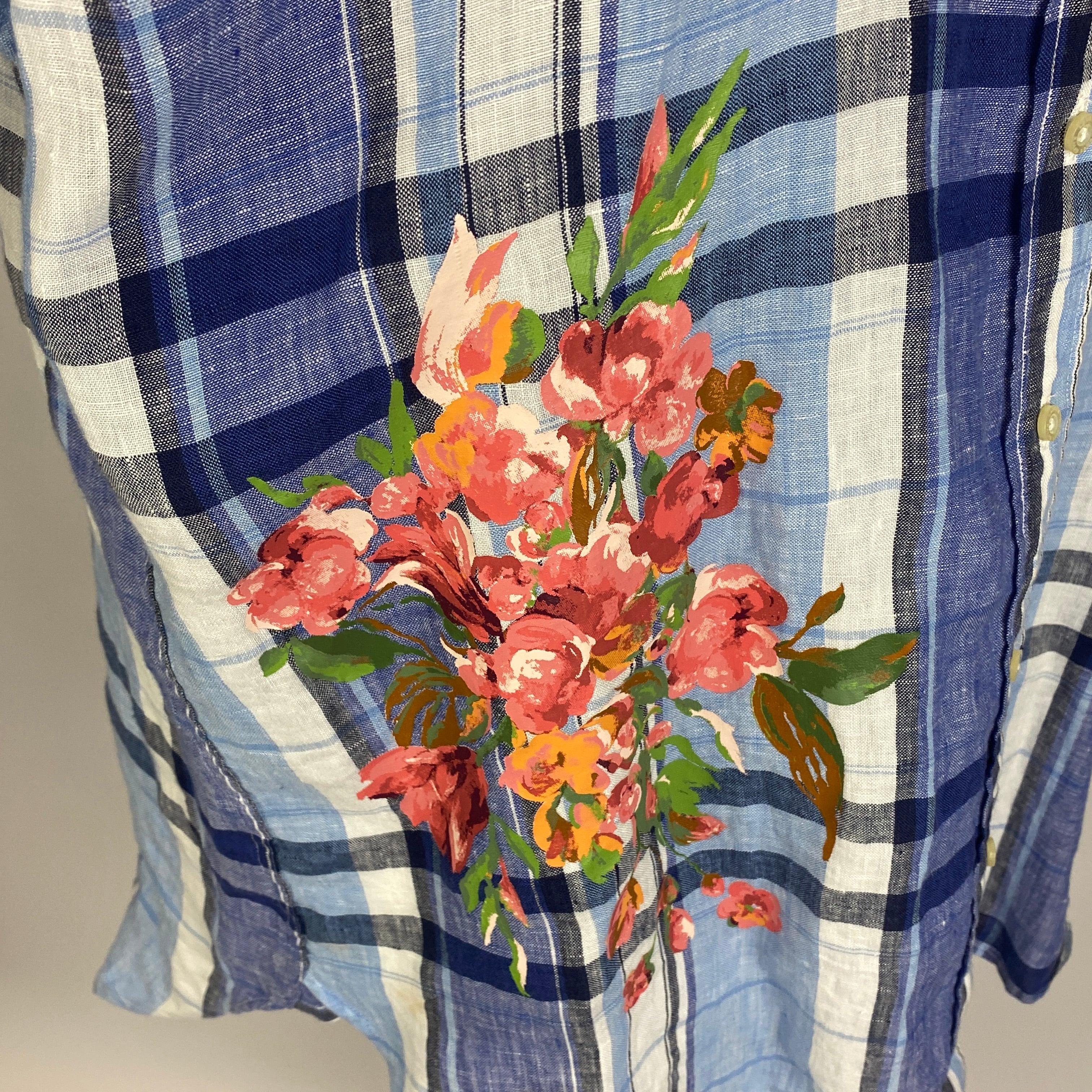 Ralph Lauren Blue Madras Check Linen Shirt with Painted Florals L
