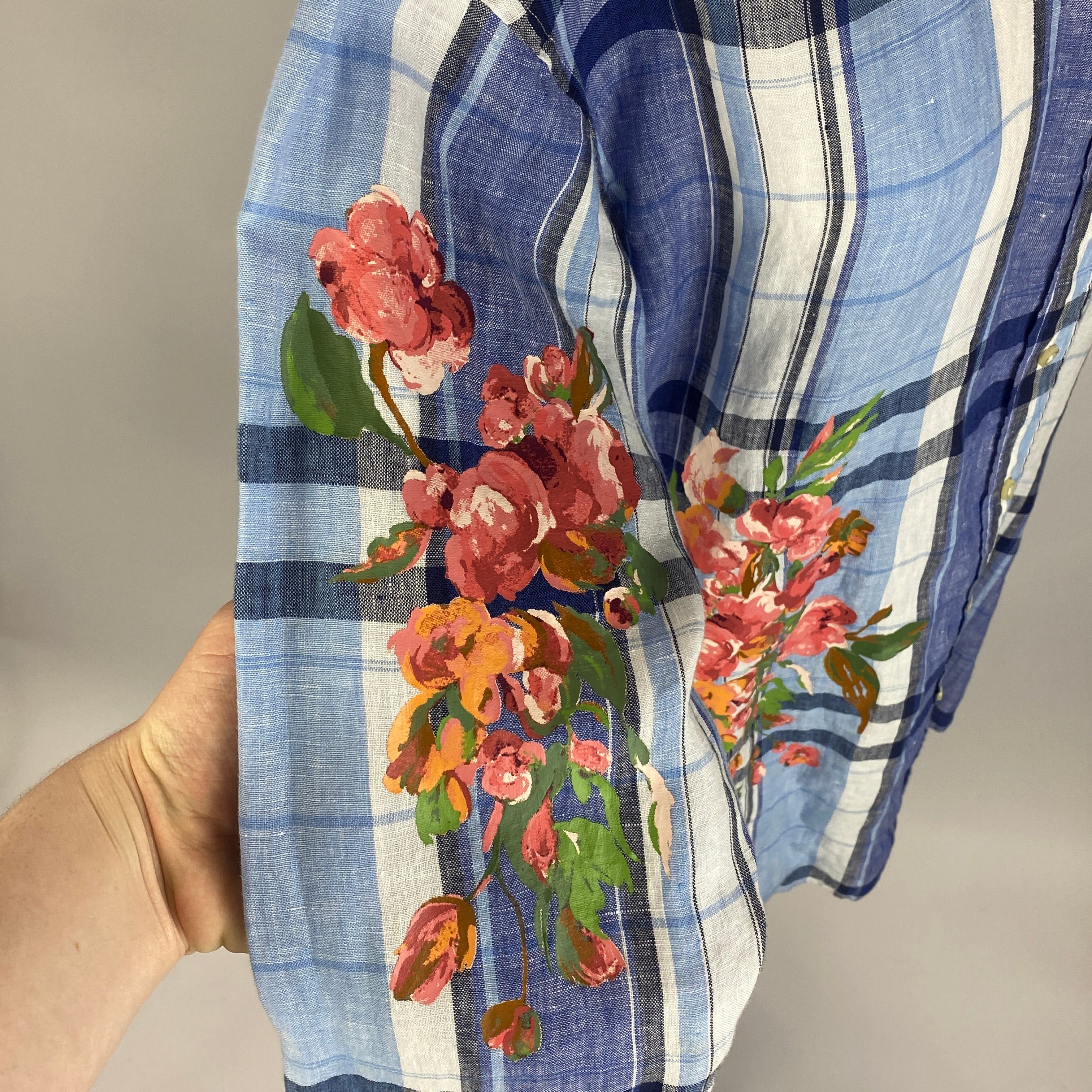 Ralph Lauren Blue Madras Check Linen Shirt with Painted Florals L